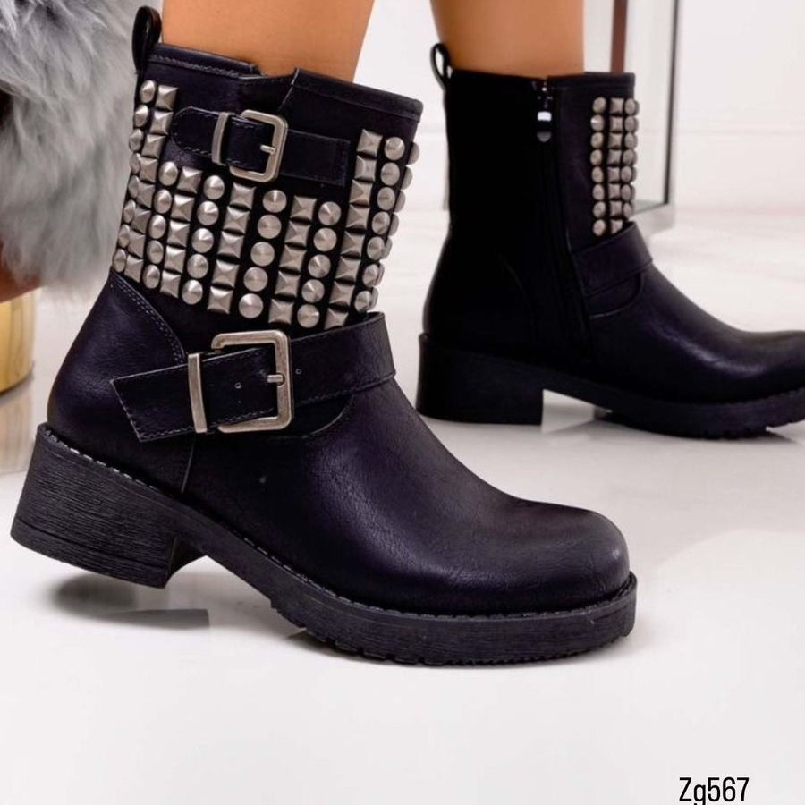 Botin negro detalle correa apliques plateado suela 4cm RQ56 C-52